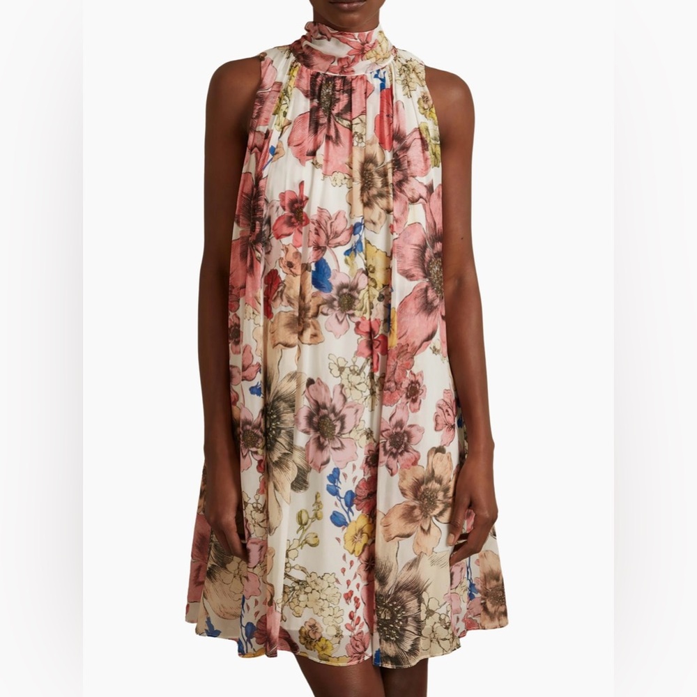 Reiss Kady Floral Halter Mini Dress in Cream Pink Sz 10 Spring Summer Party Date